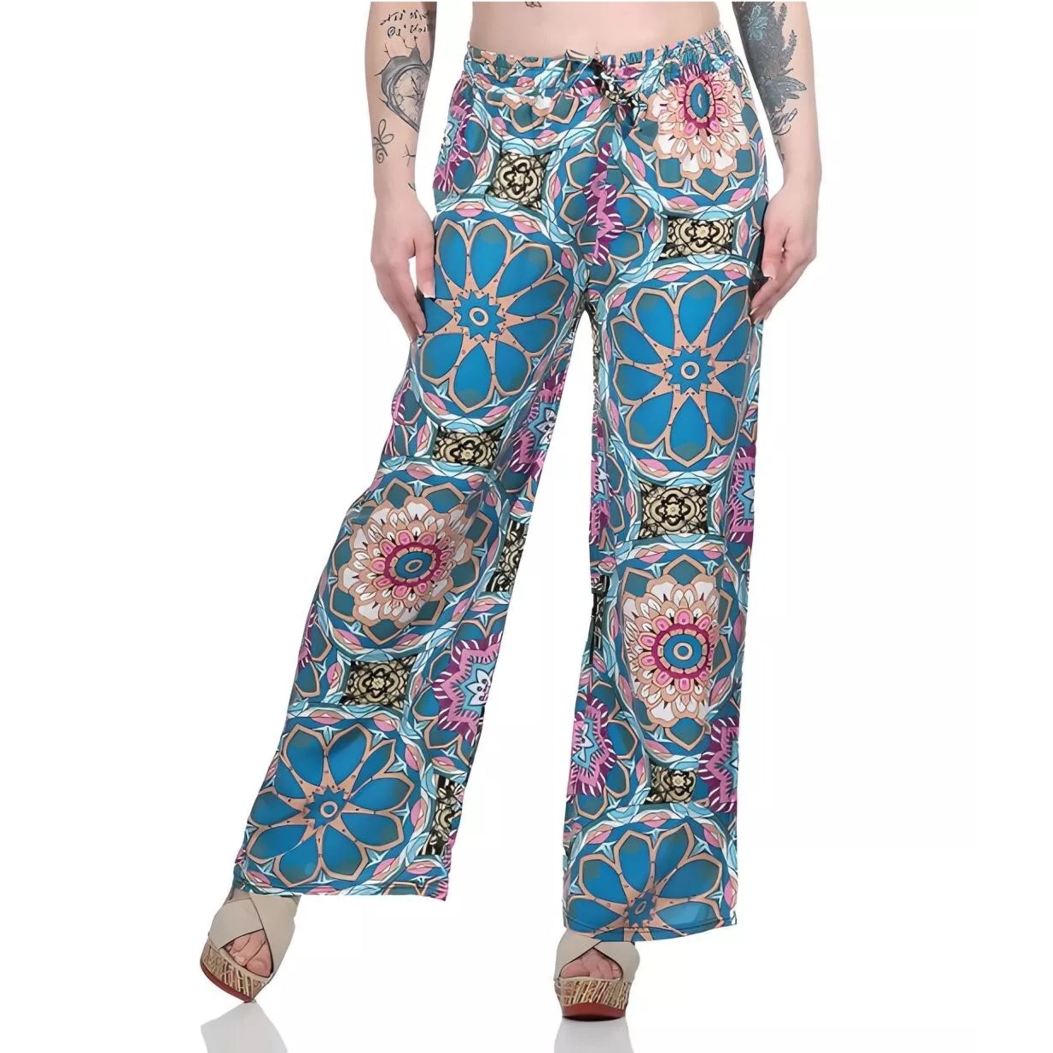 Ladies loose fit palazzo trousers wide leg boho style pants with multicolour floral mandala print high waist drawstring summer fashion